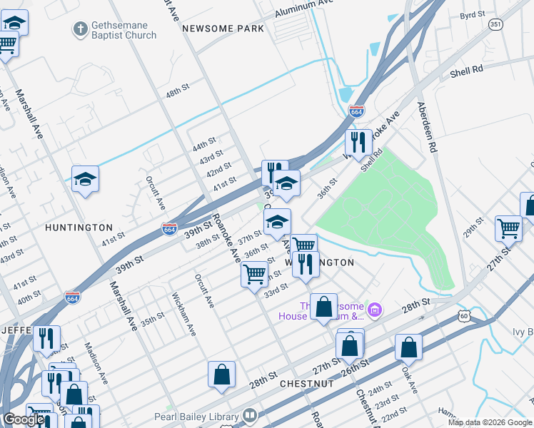 map of restaurants, bars, coffee shops, grocery stores, and more near 3816 Chestnut Avenue in Newport News