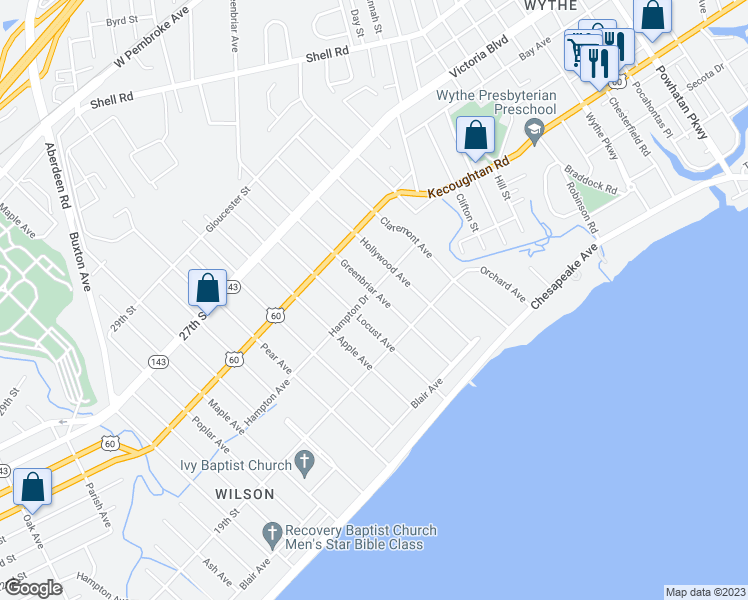 map of restaurants, bars, coffee shops, grocery stores, and more near 141 Greenbriar Avenue in Hampton