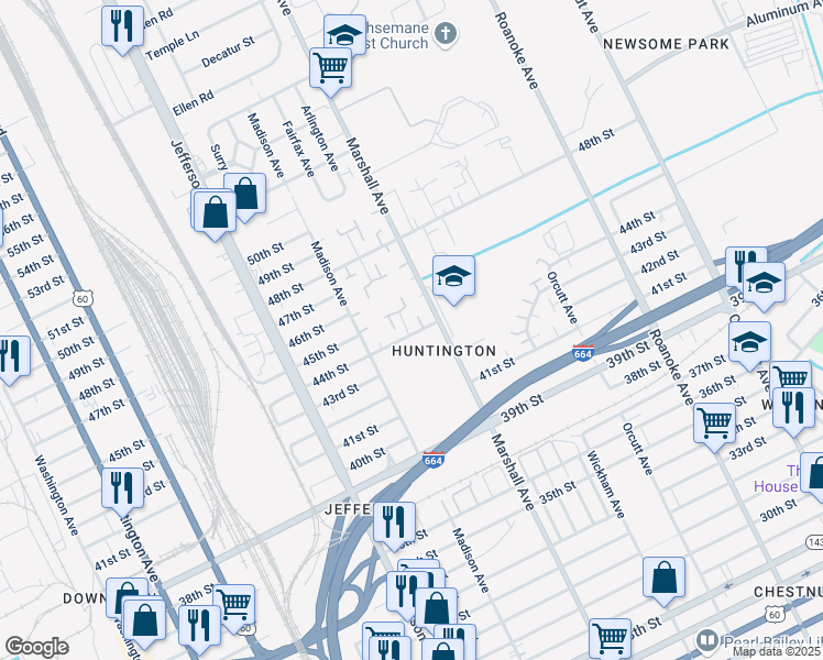 map of restaurants, bars, coffee shops, grocery stores, and more near 4406 Baughman Court in Newport News