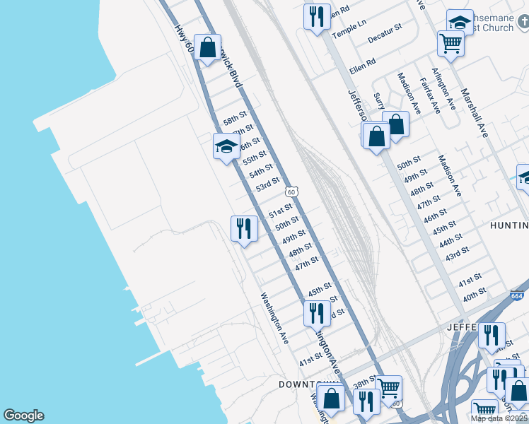 map of restaurants, bars, coffee shops, grocery stores, and more near 316 52nd Street in Newport News