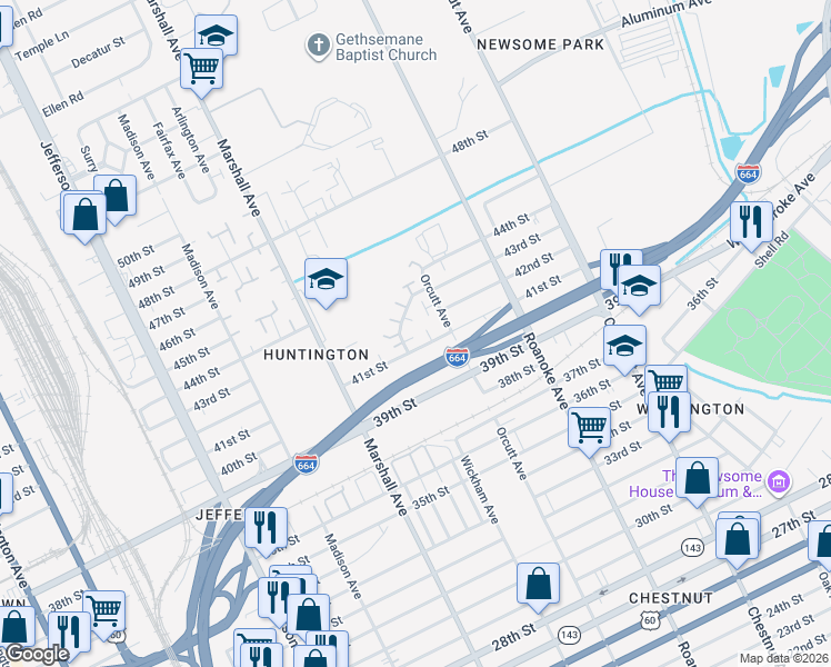 map of restaurants, bars, coffee shops, grocery stores, and more near 4239 Orcutt Avenue in Newport News