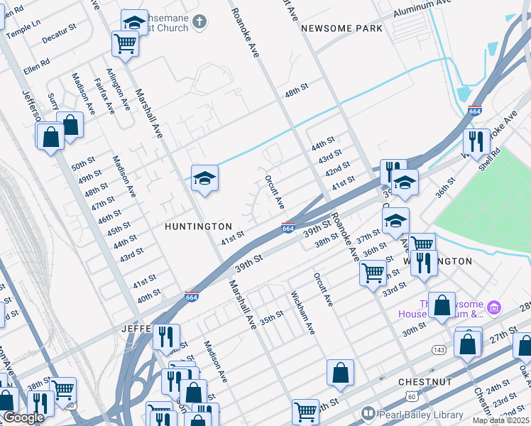 map of restaurants, bars, coffee shops, grocery stores, and more near 4239 Orcutt Avenue in Newport News
