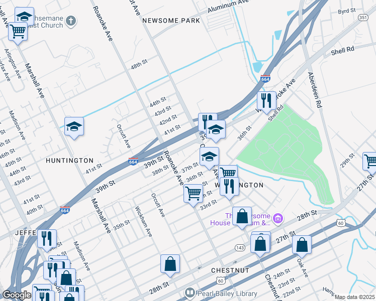 map of restaurants, bars, coffee shops, grocery stores, and more near 1144 39th Street in Newport News
