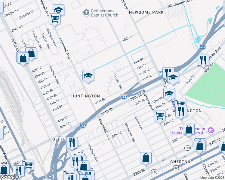 map of restaurants, bars, coffee shops, grocery stores, and more near 4239 Orcutt Avenue in Newport News