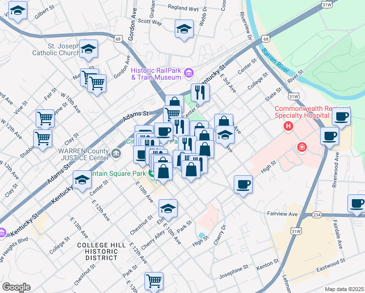 map of restaurants, bars, coffee shops, grocery stores, and more near 638 College Street in Bowling Green