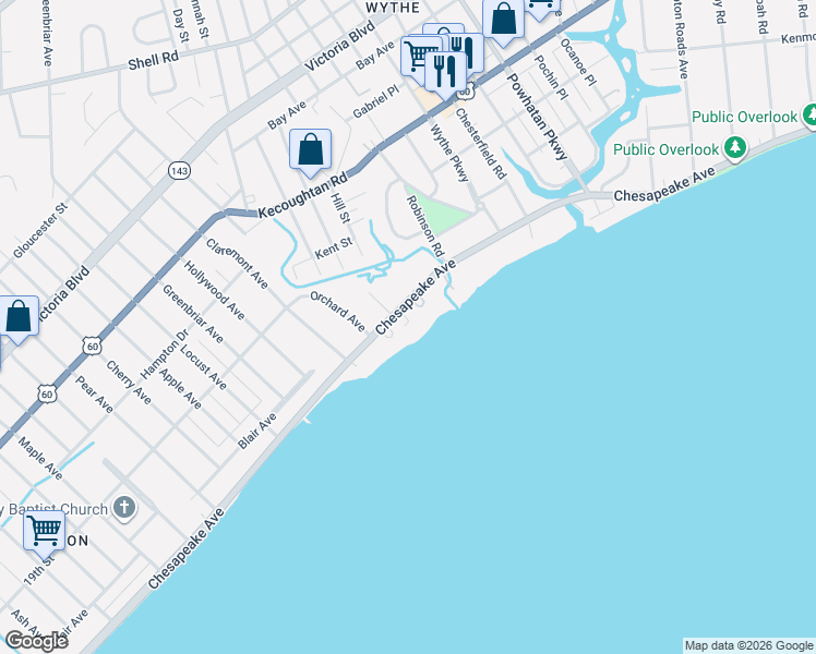 map of restaurants, bars, coffee shops, grocery stores, and more near 1506 Chesapeake Avenue in Hampton