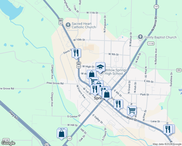 map of restaurants, bars, coffee shops, grocery stores, and more near 401-499 Campbell Street in Willow Springs