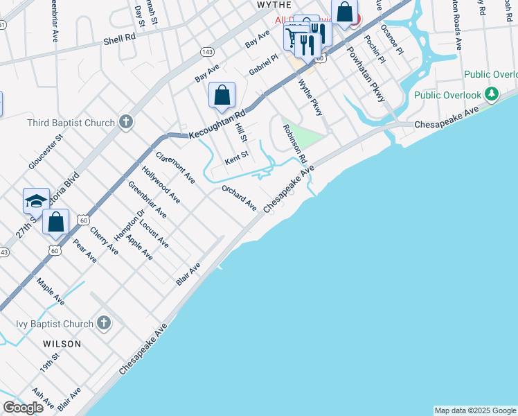 map of restaurants, bars, coffee shops, grocery stores, and more near 1401 Chesapeake Avenue in Hampton