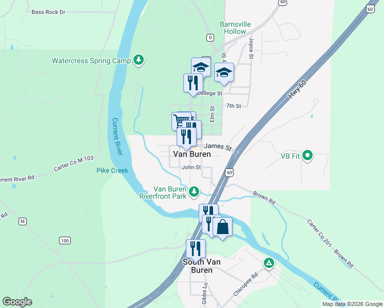 map of restaurants, bars, coffee shops, grocery stores, and more near in Van Buren
