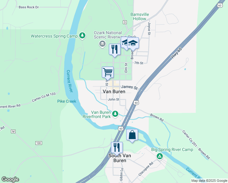 map of restaurants, bars, coffee shops, grocery stores, and more near in Van Buren