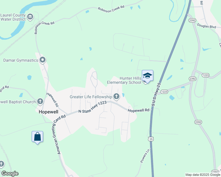 map of restaurants, bars, coffee shops, grocery stores, and more near 103 East V Felts Lane in Corbin