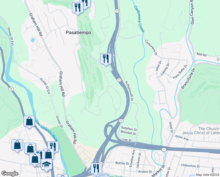 map of restaurants, bars, coffee shops, grocery stores, and more near 2 South Circle Drive in Santa Cruz