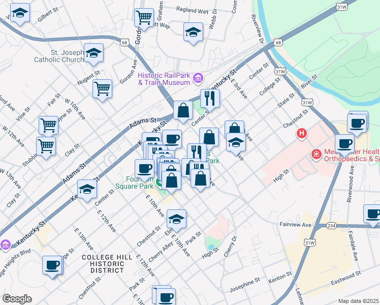 map of restaurants, bars, coffee shops, grocery stores, and more near 600 College Street in Bowling Green