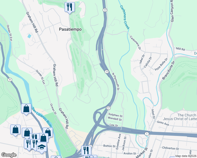 map of restaurants, bars, coffee shops, grocery stores, and more near 2 South Circle Drive in Santa Cruz