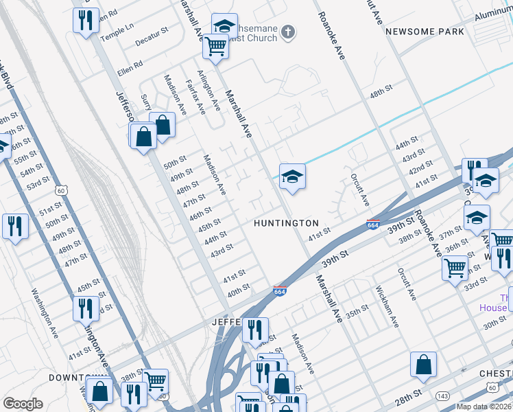 map of restaurants, bars, coffee shops, grocery stores, and more near 4511 Baughman Court in Newport News
