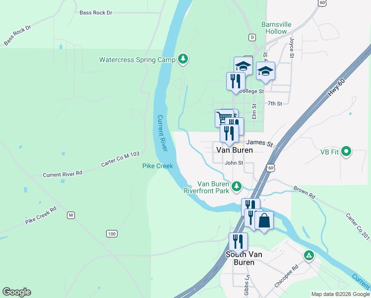 map of restaurants, bars, coffee shops, grocery stores, and more near in Van Buren