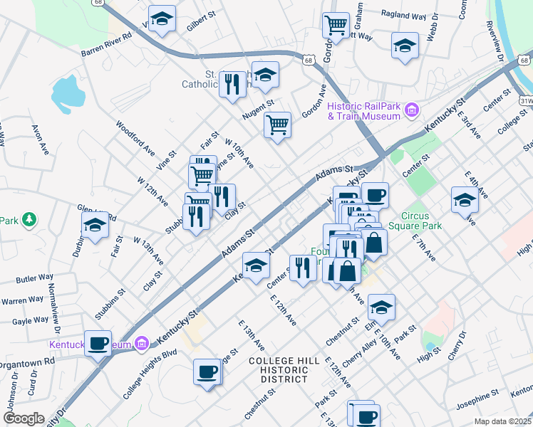 map of restaurants, bars, coffee shops, grocery stores, and more near 1001-1099 Adams St in Bowling Green