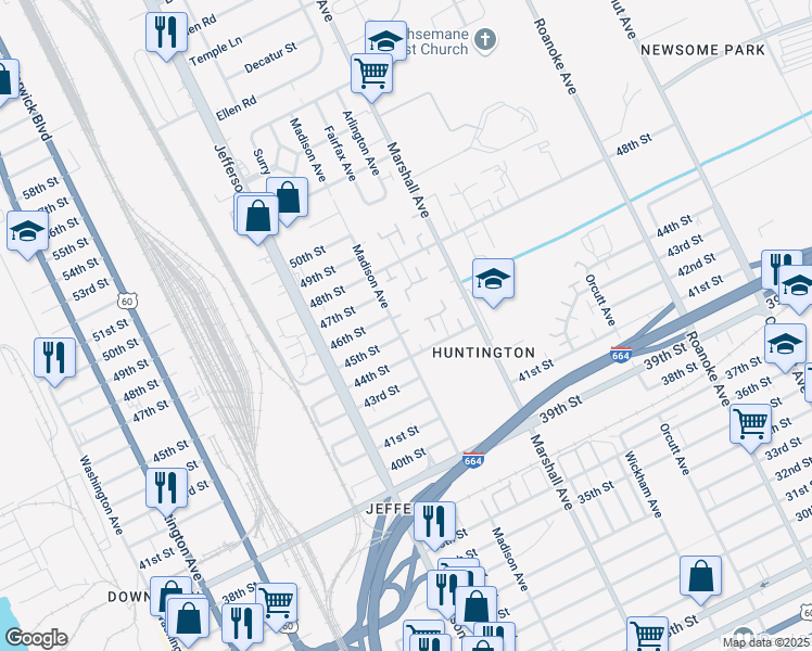 map of restaurants, bars, coffee shops, grocery stores, and more near 4530 Madison Avenue in Newport News