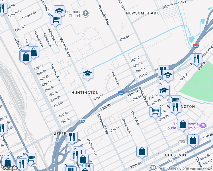 map of restaurants, bars, coffee shops, grocery stores, and more near 4201 Newsome Drive in Newport News