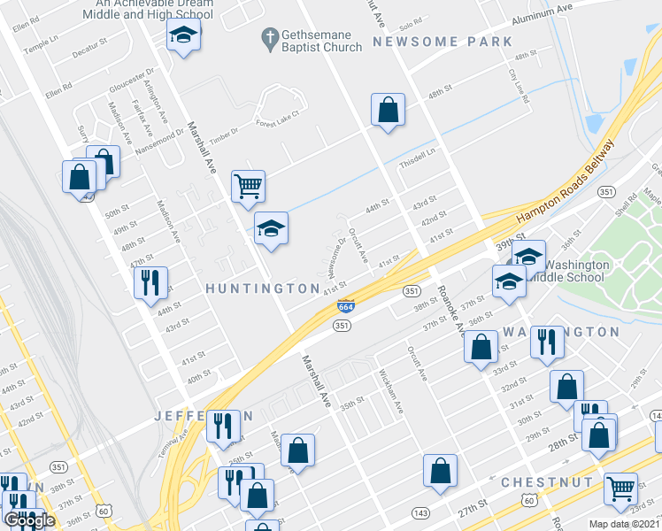 map of restaurants, bars, coffee shops, grocery stores, and more near 4202 Newsome Drive in Newport News