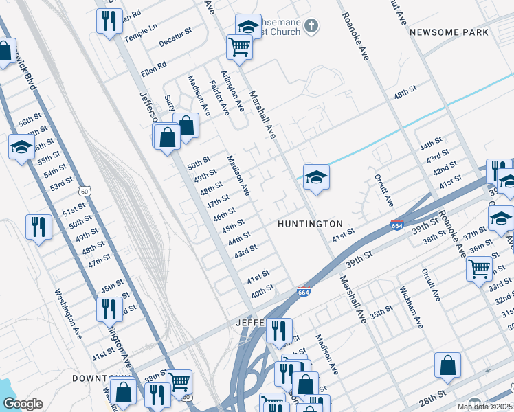 map of restaurants, bars, coffee shops, grocery stores, and more near 4526 Madison Avenue in Newport News