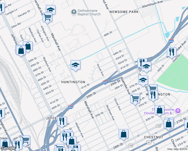 map of restaurants, bars, coffee shops, grocery stores, and more near 4239 Orcutt Avenue in Newport News