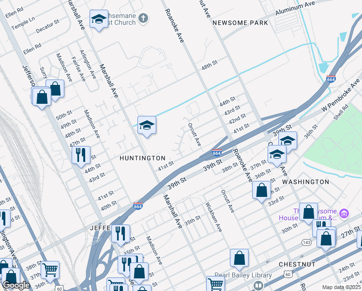 map of restaurants, bars, coffee shops, grocery stores, and more near 4239 Orcutt Avenue in Newport News