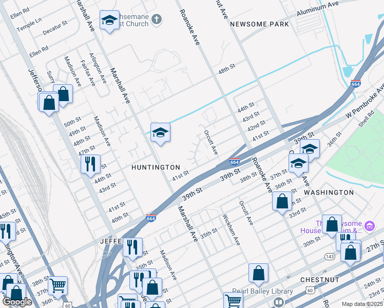 map of restaurants, bars, coffee shops, grocery stores, and more near 827 41st Street in Newport News