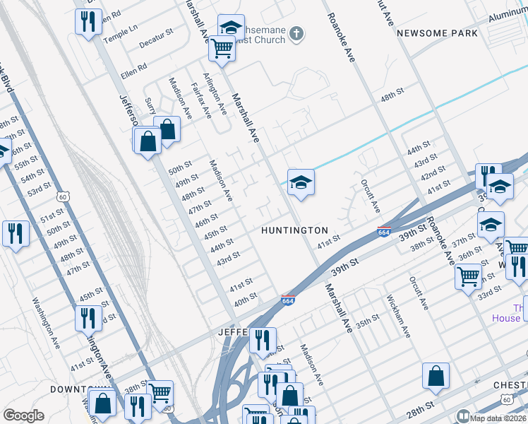 map of restaurants, bars, coffee shops, grocery stores, and more near 4511 Baughman Court in Newport News