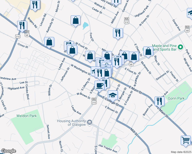 map of restaurants, bars, coffee shops, grocery stores, and more near 229 West Washington Street in Glasgow