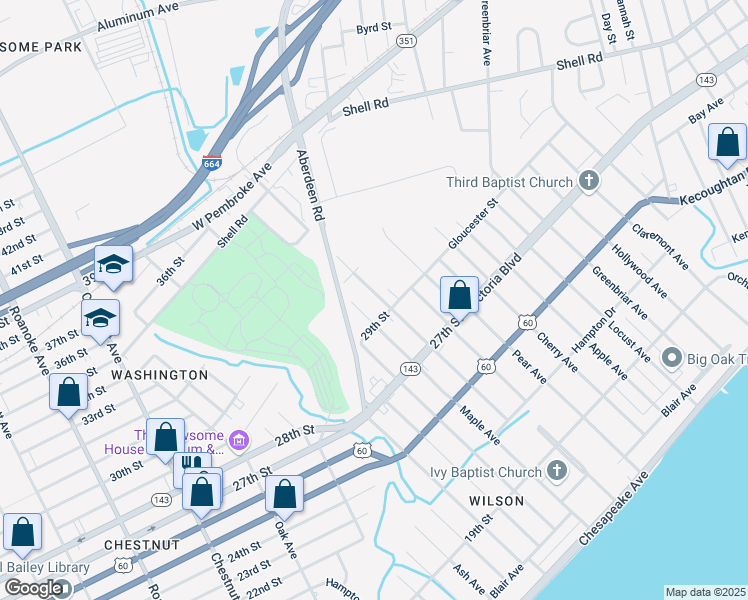 map of restaurants, bars, coffee shops, grocery stores, and more near 417 Pine Avenue in Newport News