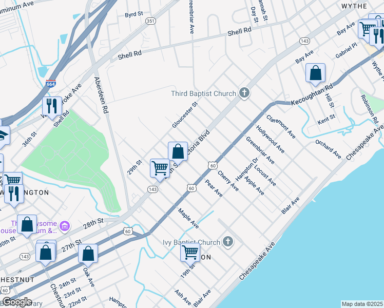 map of restaurants, bars, coffee shops, grocery stores, and more near 701 Victoria Boulevard in Hampton