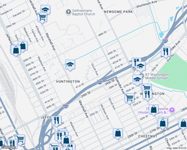 map of restaurants, bars, coffee shops, grocery stores, and more near 4239 Orcutt Avenue in Newport News