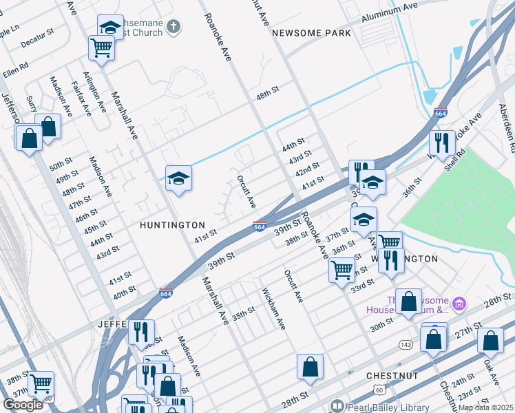 map of restaurants, bars, coffee shops, grocery stores, and more near 1001 41st Street in Newport News