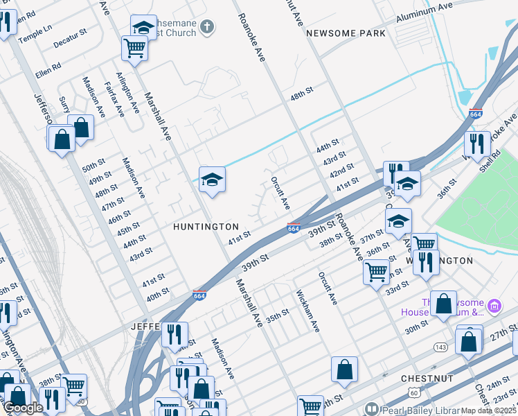 map of restaurants, bars, coffee shops, grocery stores, and more near 4207 Newsome Drive in Newport News