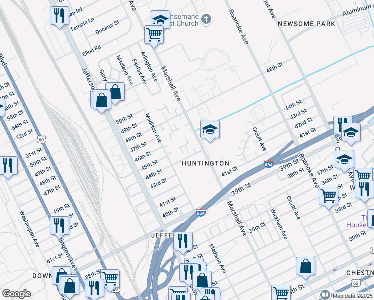 map of restaurants, bars, coffee shops, grocery stores, and more near 4420 Baughman Court in Newport News
