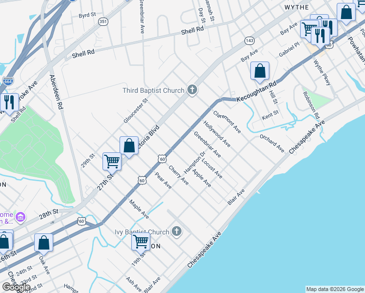 map of restaurants, bars, coffee shops, grocery stores, and more near 236 Locust Avenue in Hampton