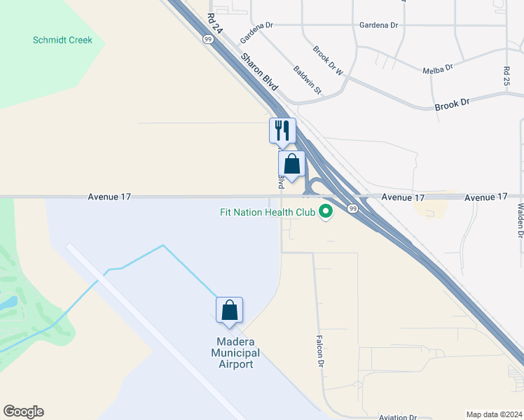 map of restaurants, bars, coffee shops, grocery stores, and more near 4020 Aviation Drive in Madera