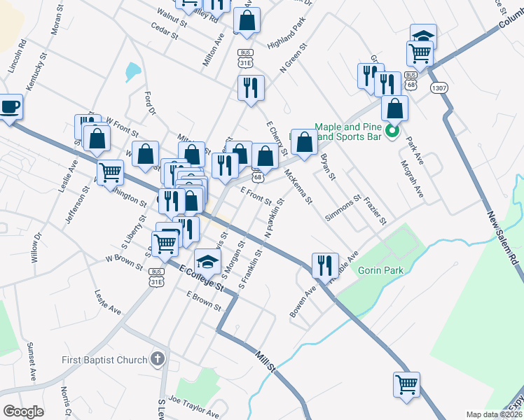 map of restaurants, bars, coffee shops, grocery stores, and more near 310 East Front Street in Glasgow