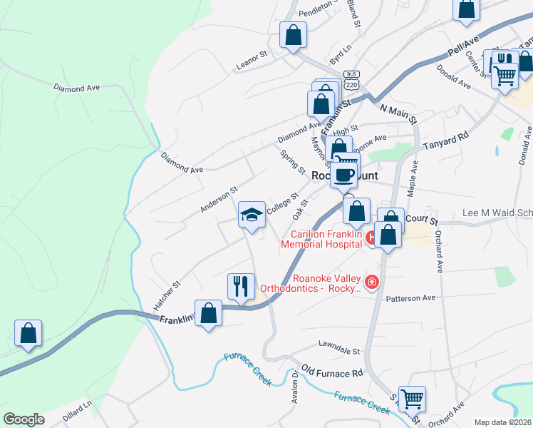 map of restaurants, bars, coffee shops, grocery stores, and more near 193-195 W College St in Rocky Mt