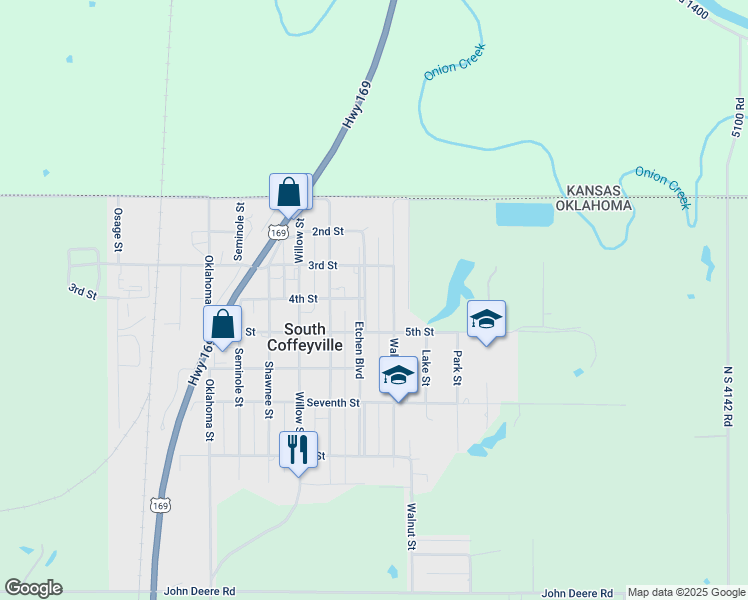 map of restaurants, bars, coffee shops, grocery stores, and more near 430 Etchen Boulevard in South Coffeyville