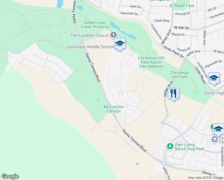 map of restaurants, bars, coffee shops, grocery stores, and more near 7070 Spumante Way in Gilroy