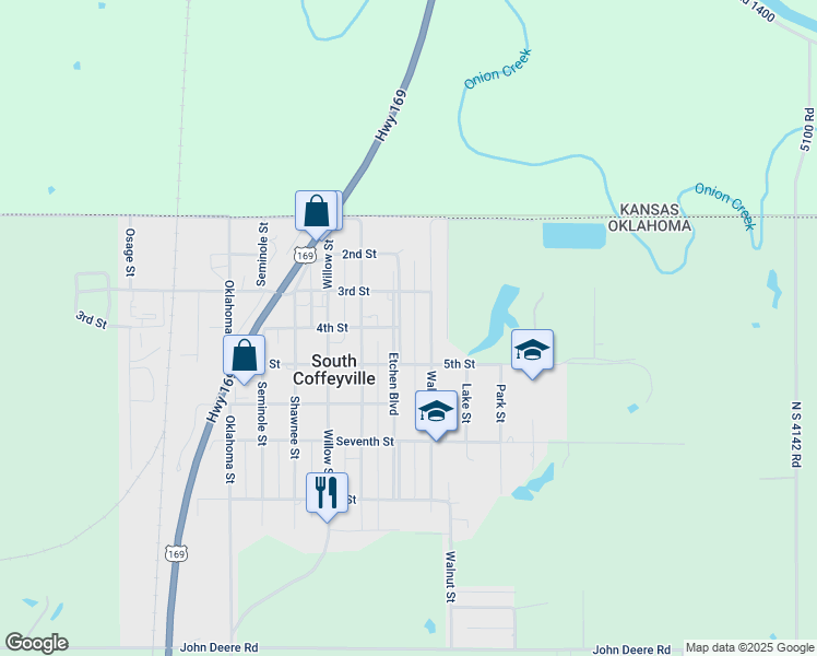 map of restaurants, bars, coffee shops, grocery stores, and more near 430 Etchen Boulevard in South Coffeyville