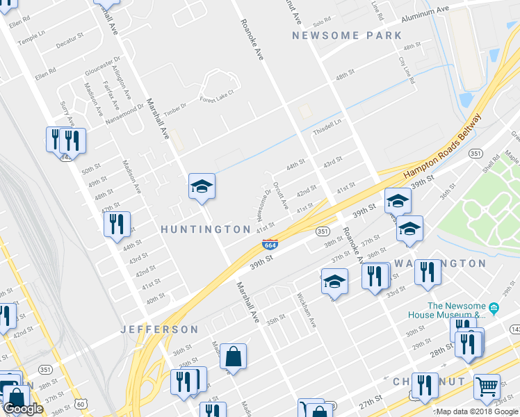 map of restaurants, bars, coffee shops, grocery stores, and more near 4219 Newsome Drive in Newport News