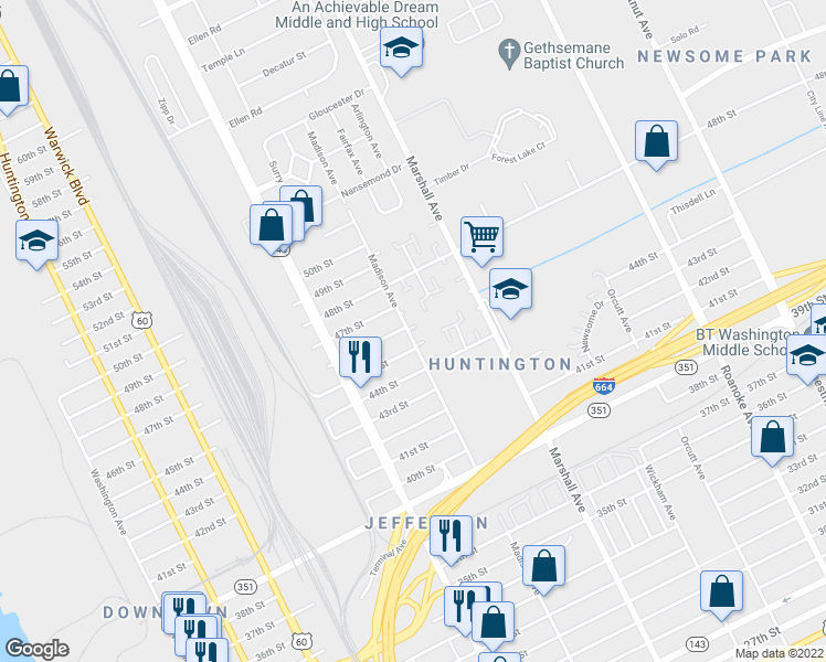 map of restaurants, bars, coffee shops, grocery stores, and more near 4602 Madison Avenue in Newport News