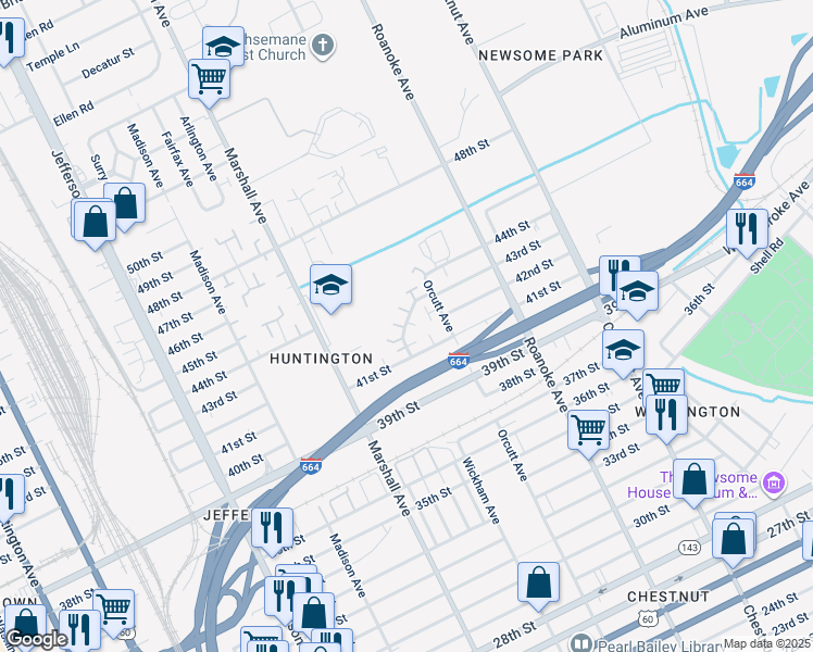 map of restaurants, bars, coffee shops, grocery stores, and more near 4220 Newsome Drive in Newport News