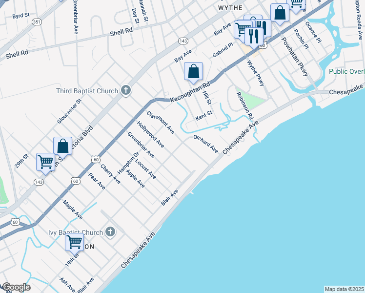 map of restaurants, bars, coffee shops, grocery stores, and more near 67 Claremont Avenue in Hampton