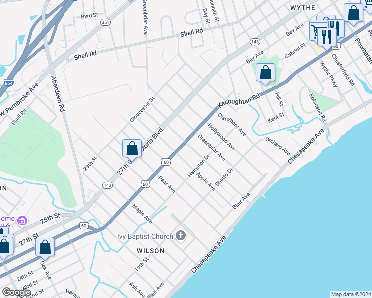 map of restaurants, bars, coffee shops, grocery stores, and more near 236 Locust Avenue in Hampton