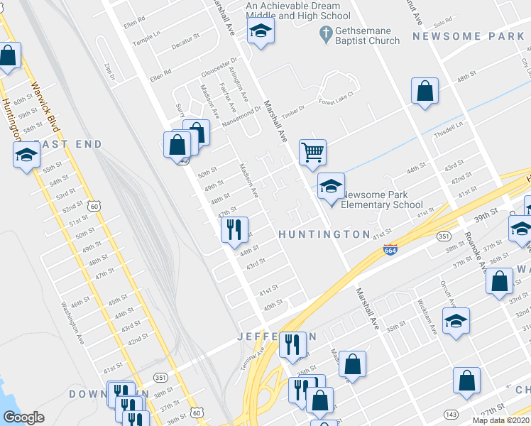map of restaurants, bars, coffee shops, grocery stores, and more near 4532 Madison Avenue in Newport News