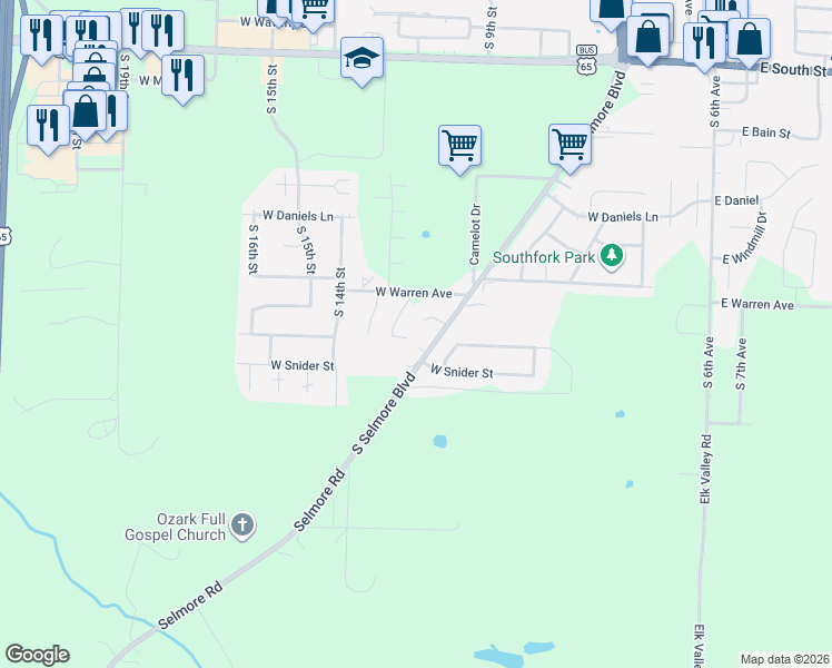 map of restaurants, bars, coffee shops, grocery stores, and more near 2400 South 12th Street in Ozark